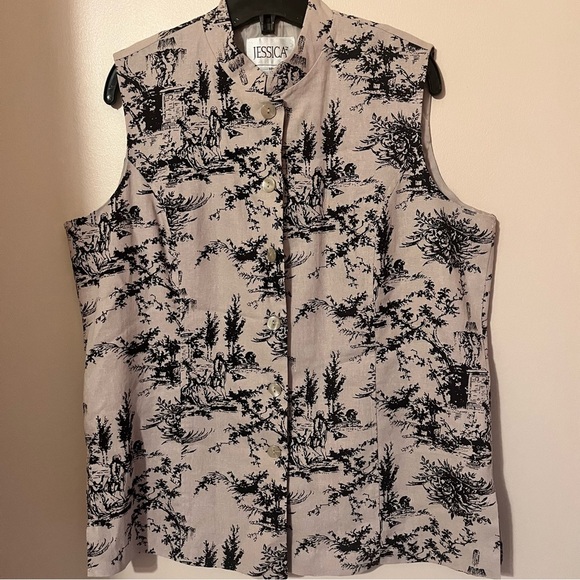 Linen Blend Sleeveless Toile Print Button Up Top - Picture 1 of 6